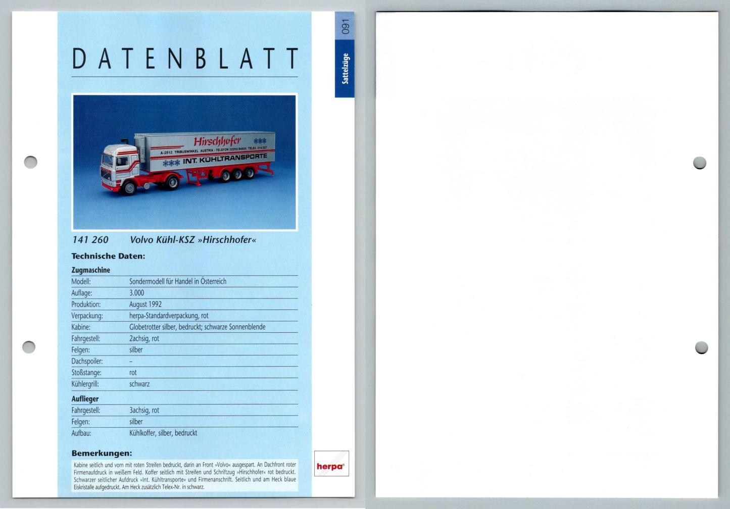 Volvo Kuhl KSZ Hirschhofer #91 Sattelzuge - Herpa Data Sheet-Breakoutcards