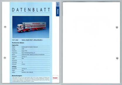 Volvo Kuhl KSZ Hirschhofer #91 Sattelzuge - Herpa Data Sheet-Breakoutcards