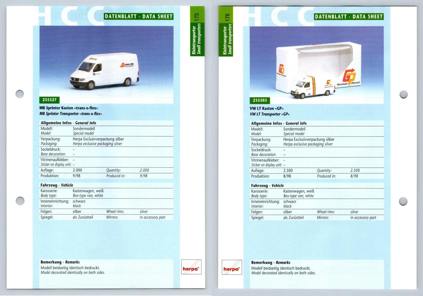 MB Sprinter Kasten / VW LT Kasten #175/176 Kleintransporter - Herpa Data Sheet-Breakoutcards