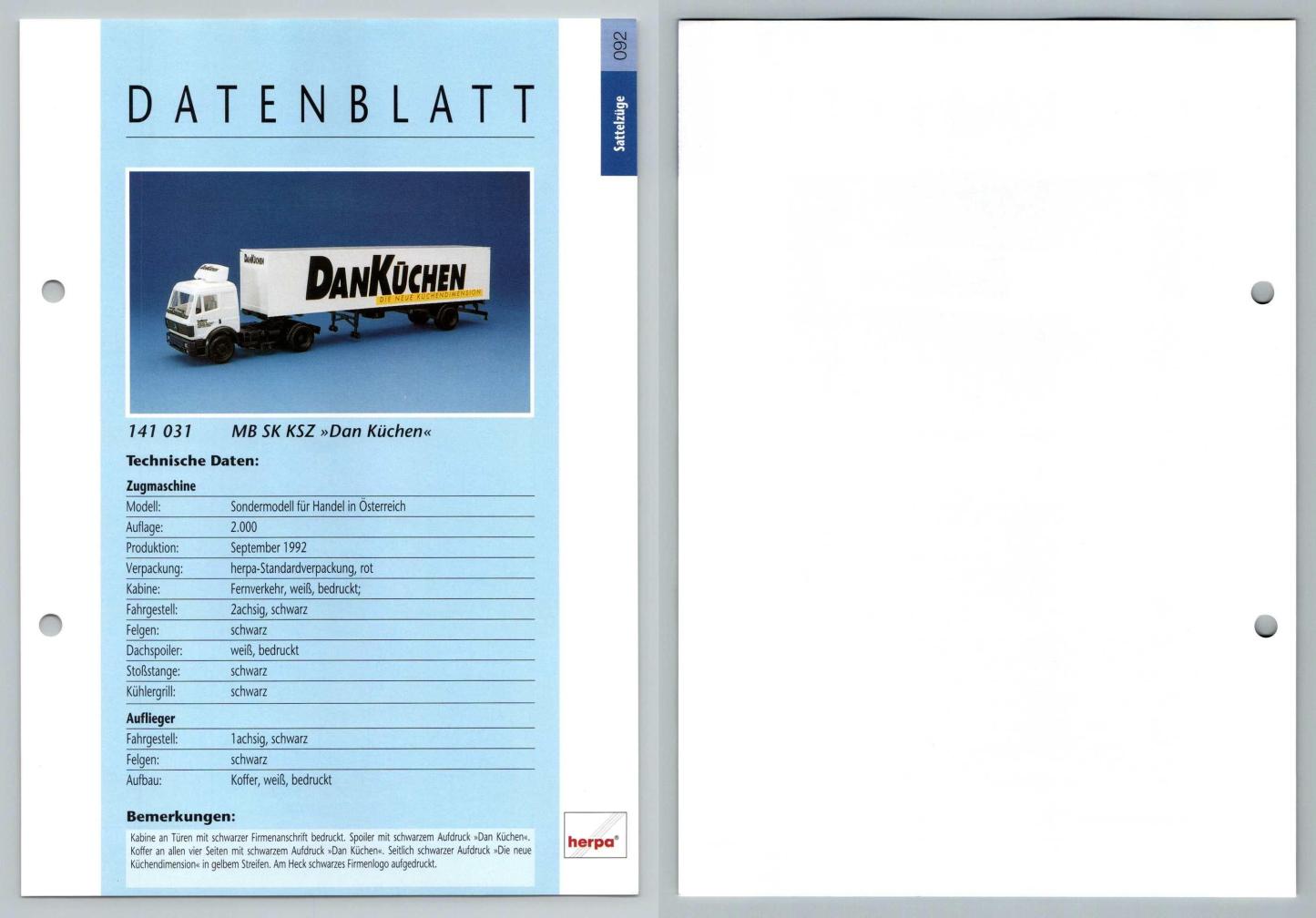 MB SK KSZ Dan Kuchen #92 Sattelzuge - Herpa Data Sheet-Breakoutcards