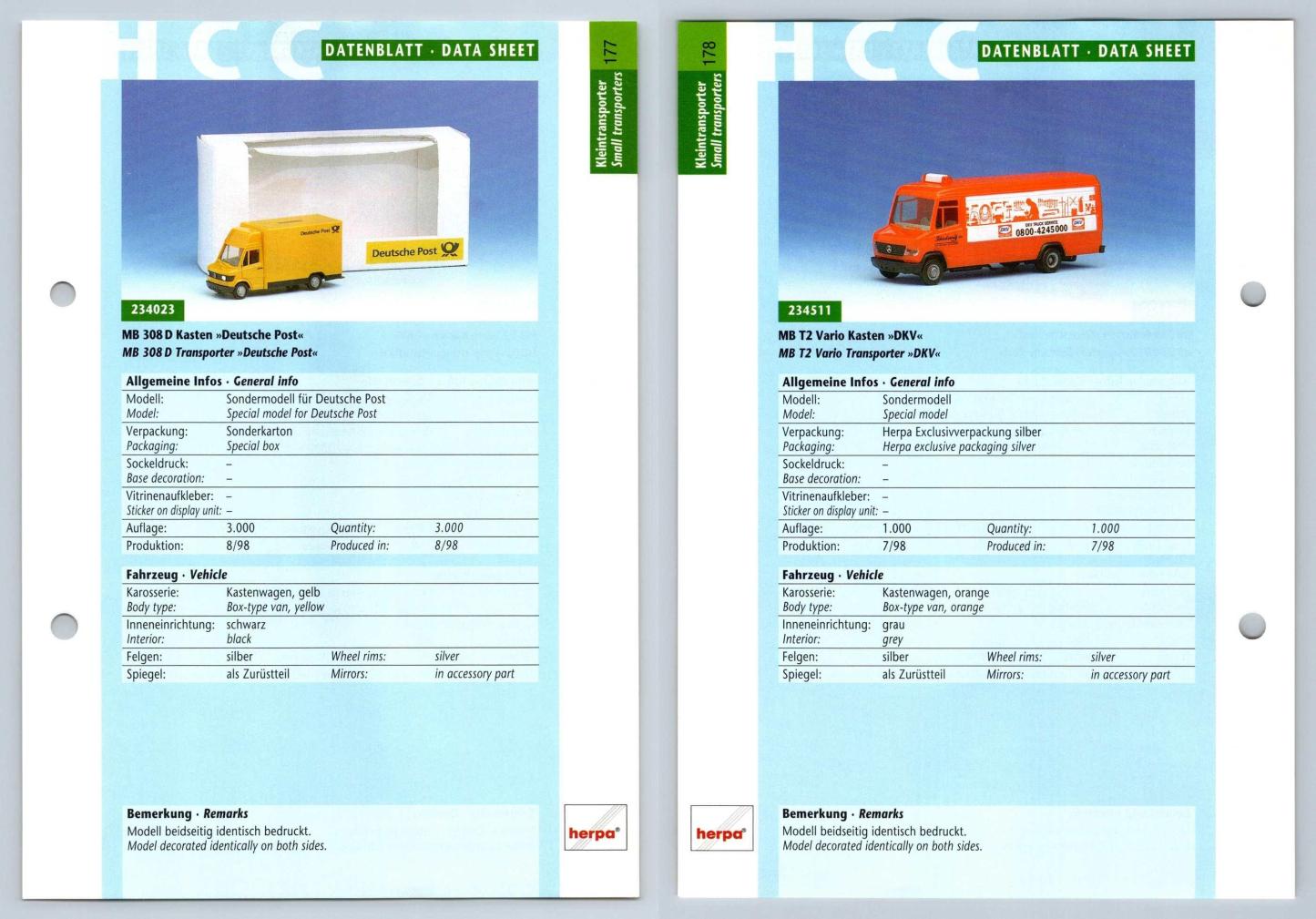 MB 308D Kasten / T2 Vario Kasten #177/178 Kleintransporter - Herpa Data Sheet-Breakoutcards
