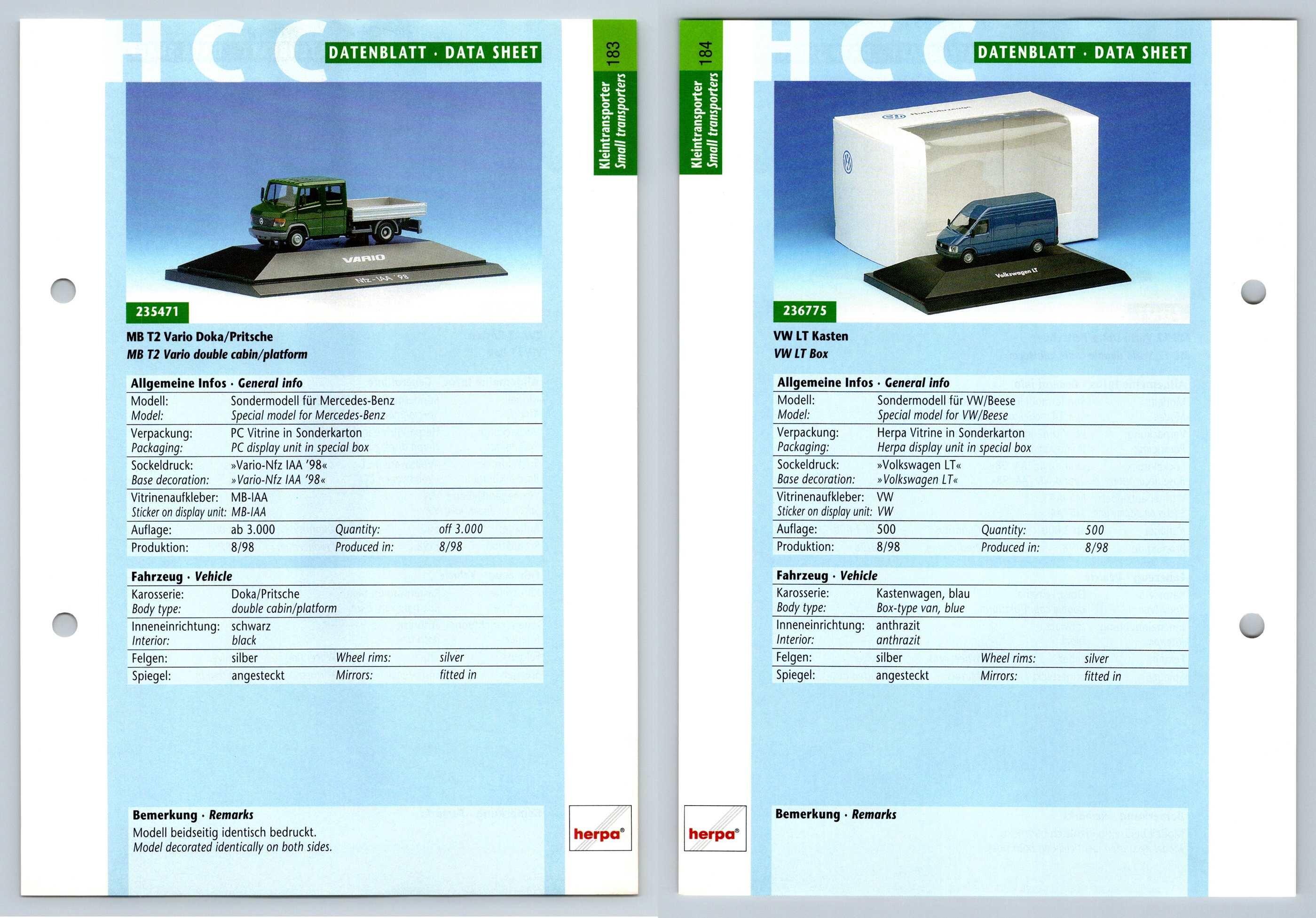 MB T2 Vario Doka / VW LT Kasten #183/184 Kleintransporter - Herpa Data Sheet-Breakoutcards