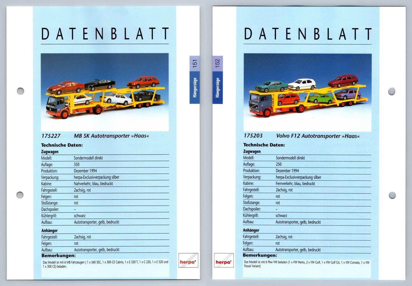 MB SK Autotransporter / Volvo F12 #151/2 Hangerzuge - Herpa Data Sheet-Breakoutcards