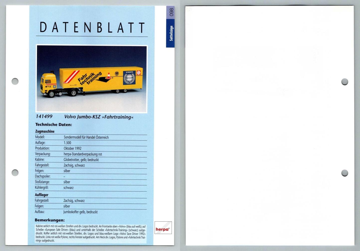 Volvo Jumbo KSZ Fahrtraining #98 Sattelzuge - Herpa Data Sheet-Breakoutcards
