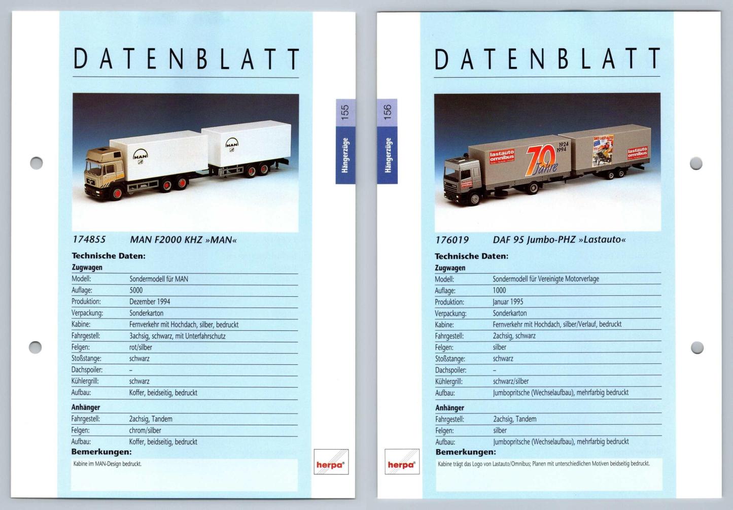 MAN F2000 KHZ / DAF 95 Jumbo #155/6 Hangerzuge - Herpa Data Sheet-Breakoutcards