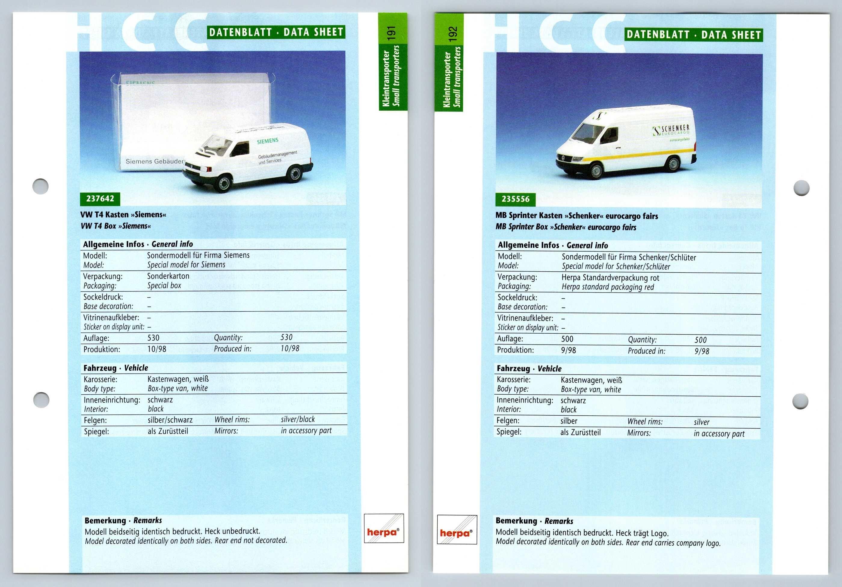 VW T4 Kasten / MB Sprinter Kasten #191/192 Kleintransporter - Herpa Data Sheet-Breakoutcards