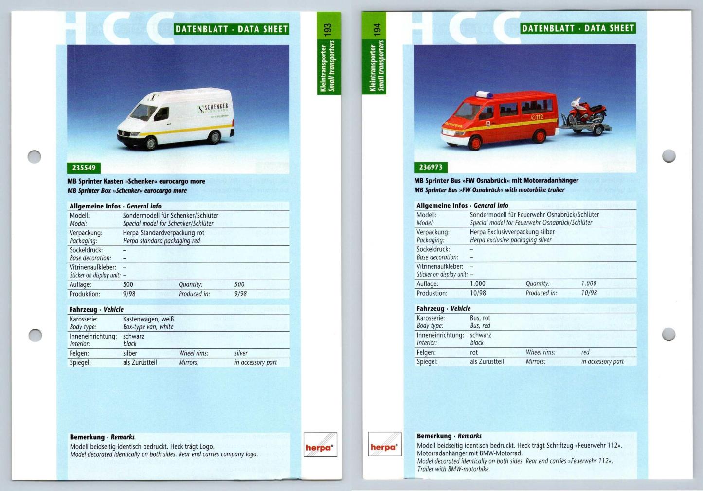 MB Sprinter Kasten / Bus #193/194 Kleintransporter - Herpa Data Sheet-Breakoutcards