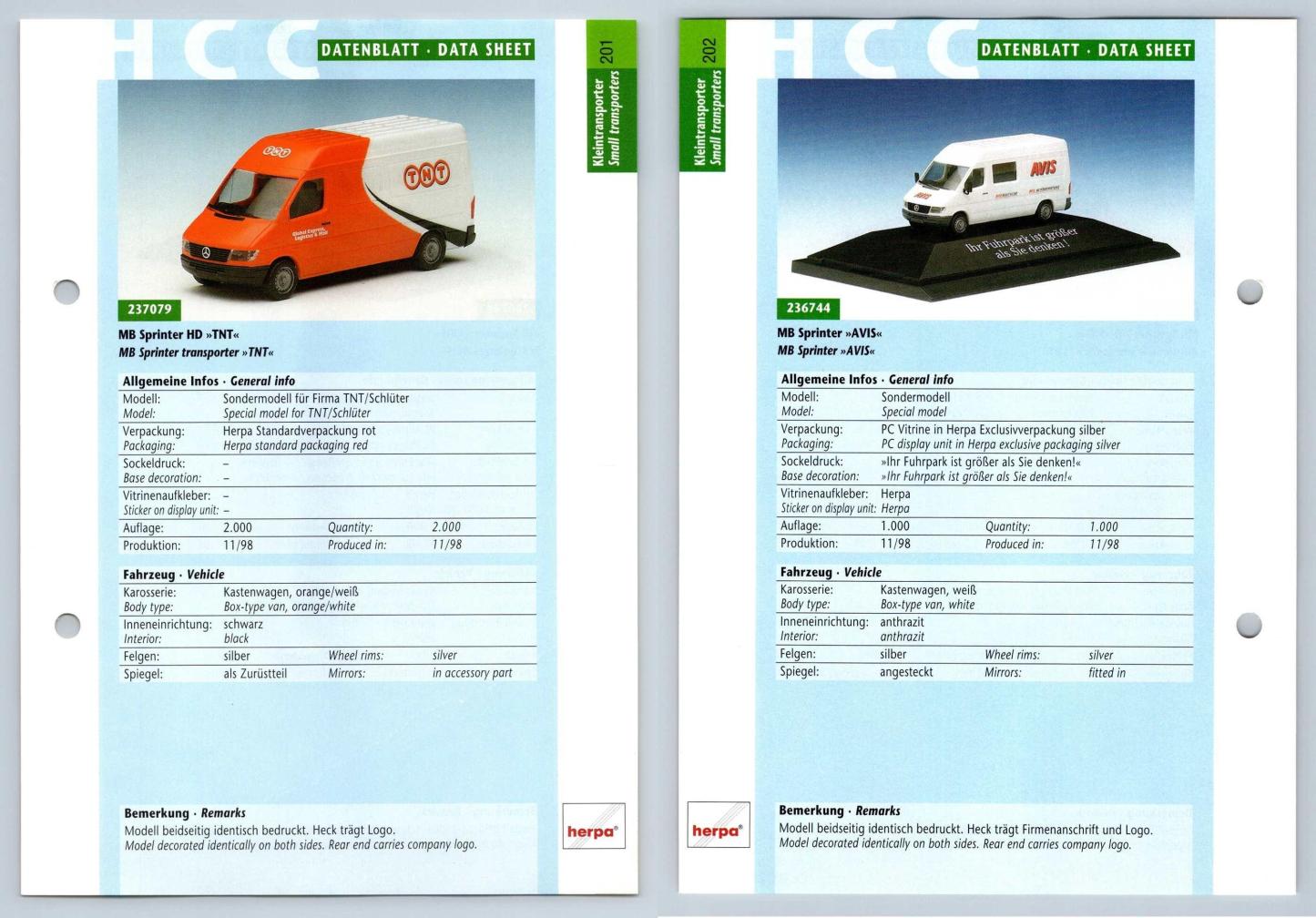 MB Sprinter HD TNT / AVIS #201/202 Kleintransporter - Herpa Data Sheet-Breakoutcards