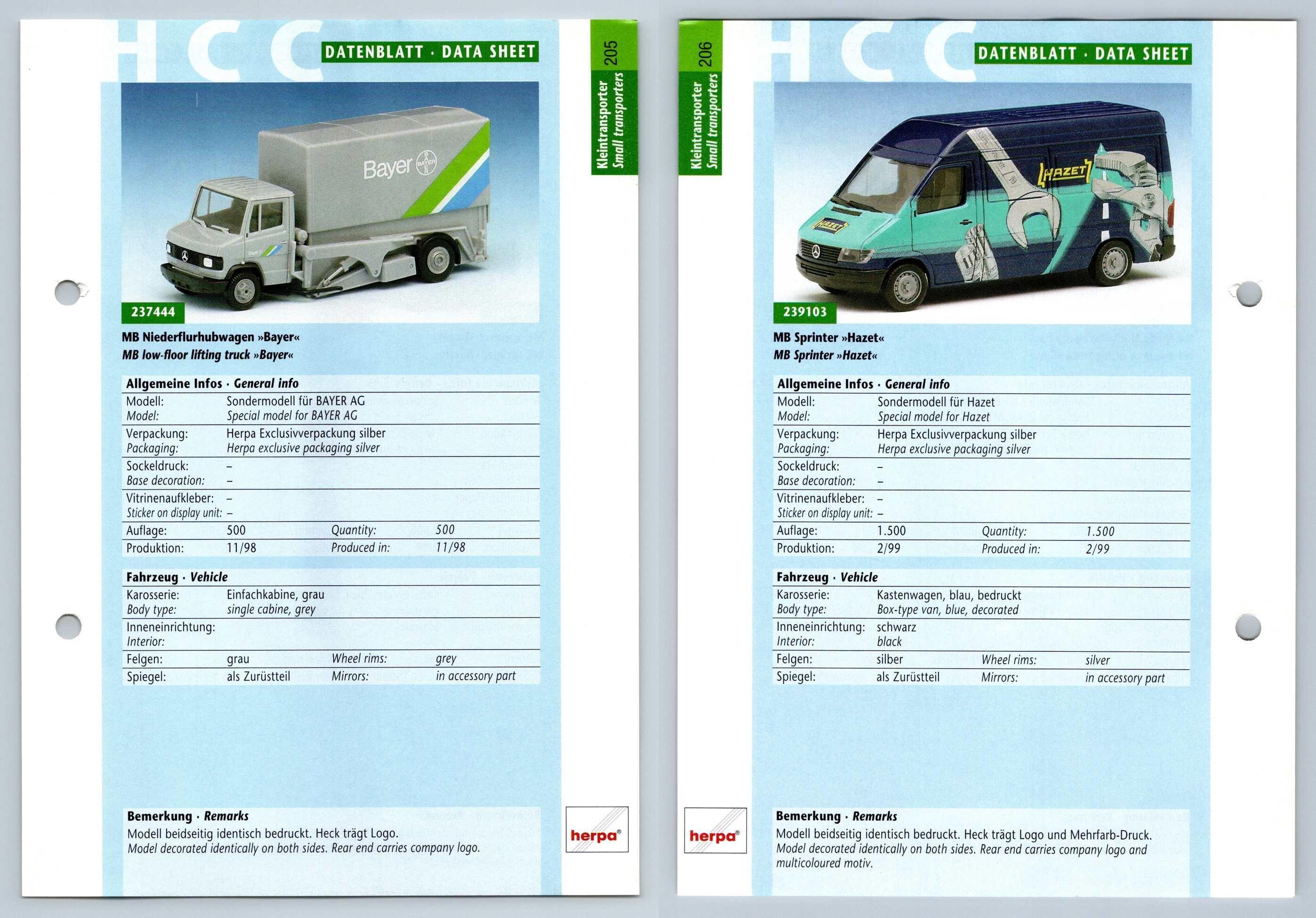 MB Niederflurhubwagen / Sprinter #205/206 Kleintransporter - Herpa Data Sheet-Breakoutcards