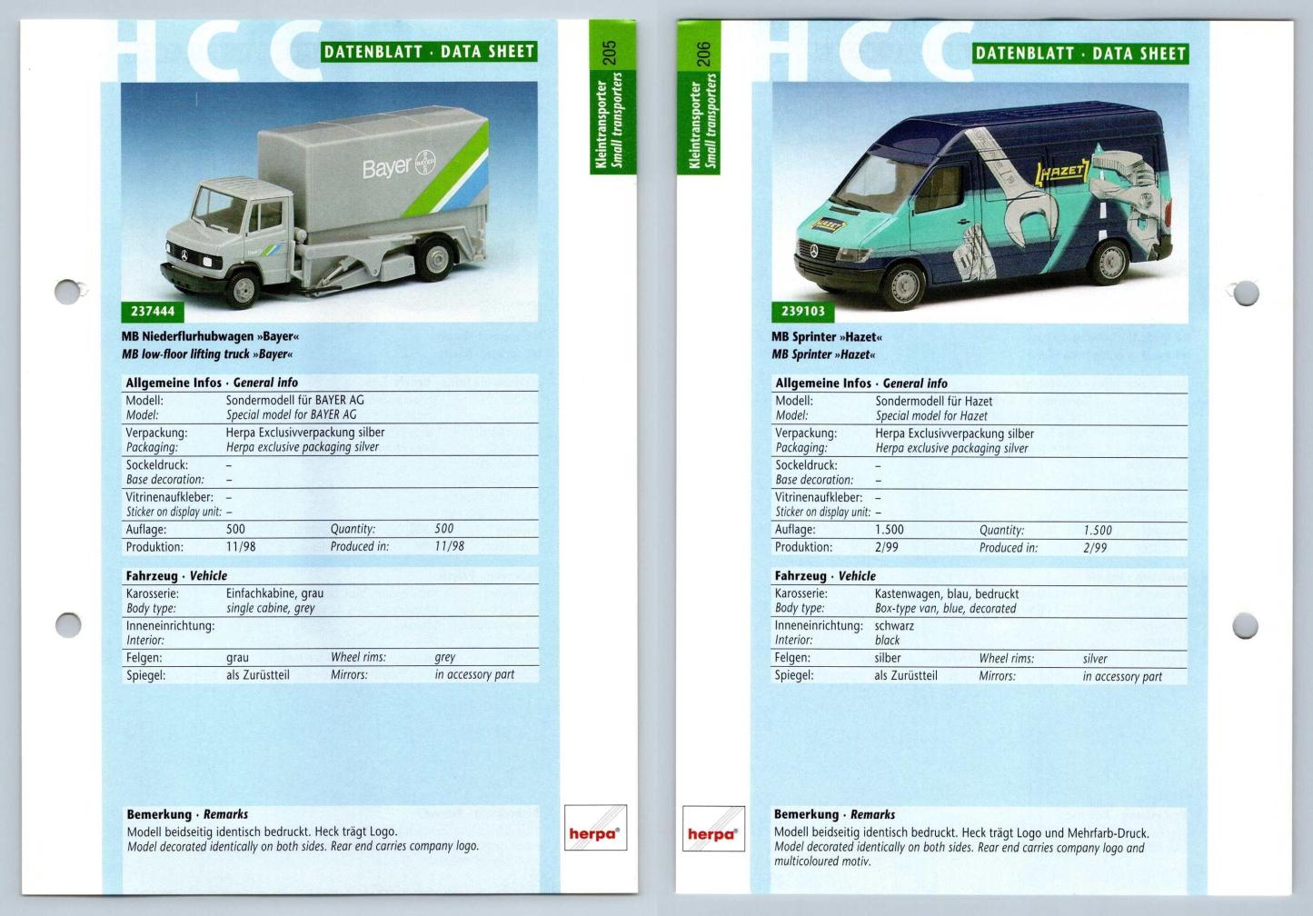 MB Niederflurhubwagen / Sprinter #205/206 Kleintransporter - Herpa Data Sheet-Breakoutcards