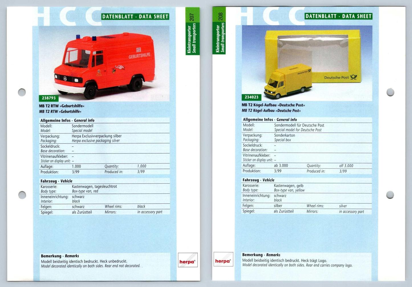 MB T2 RTW / T2 Kogel-Aufbau #207/208 Kleintransporter - Herpa Data Sheet-Breakoutcards