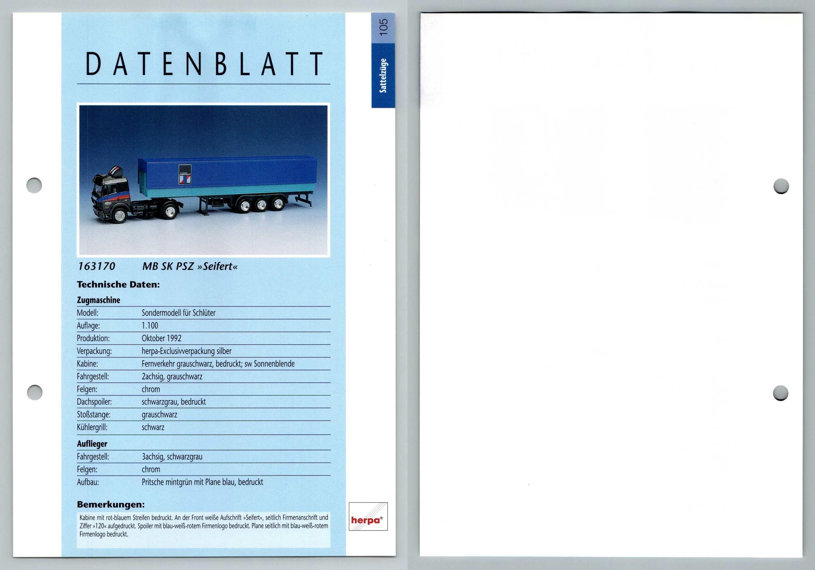 MB SK PSZ Seifert #105 Sattelzuge - Herpa Data Sheet-Breakoutcards