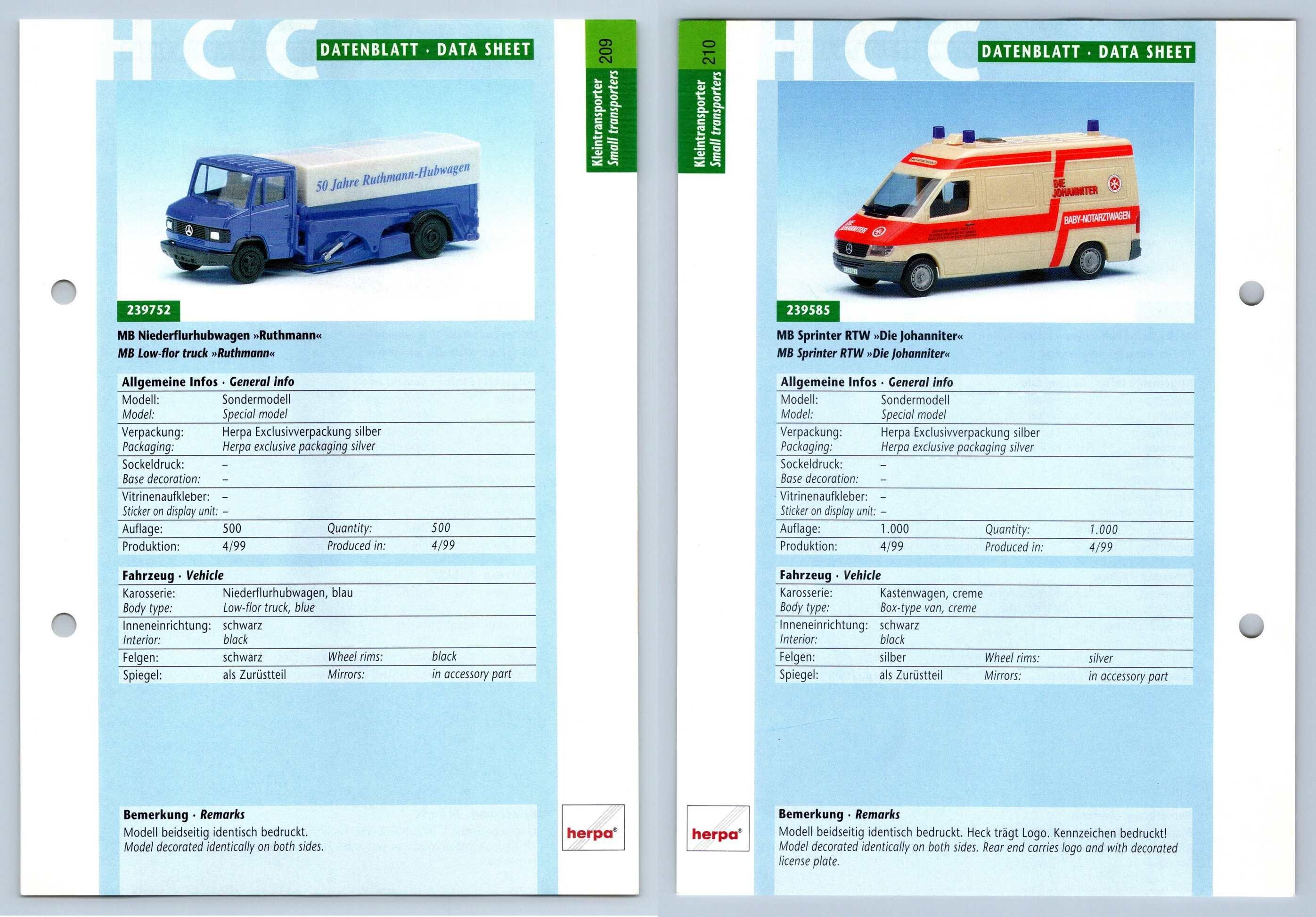MB Niederflurhubwagen / Sprinter RTW #209/210 Kleintransporter - Herpa Data Sheet-Breakoutcards
