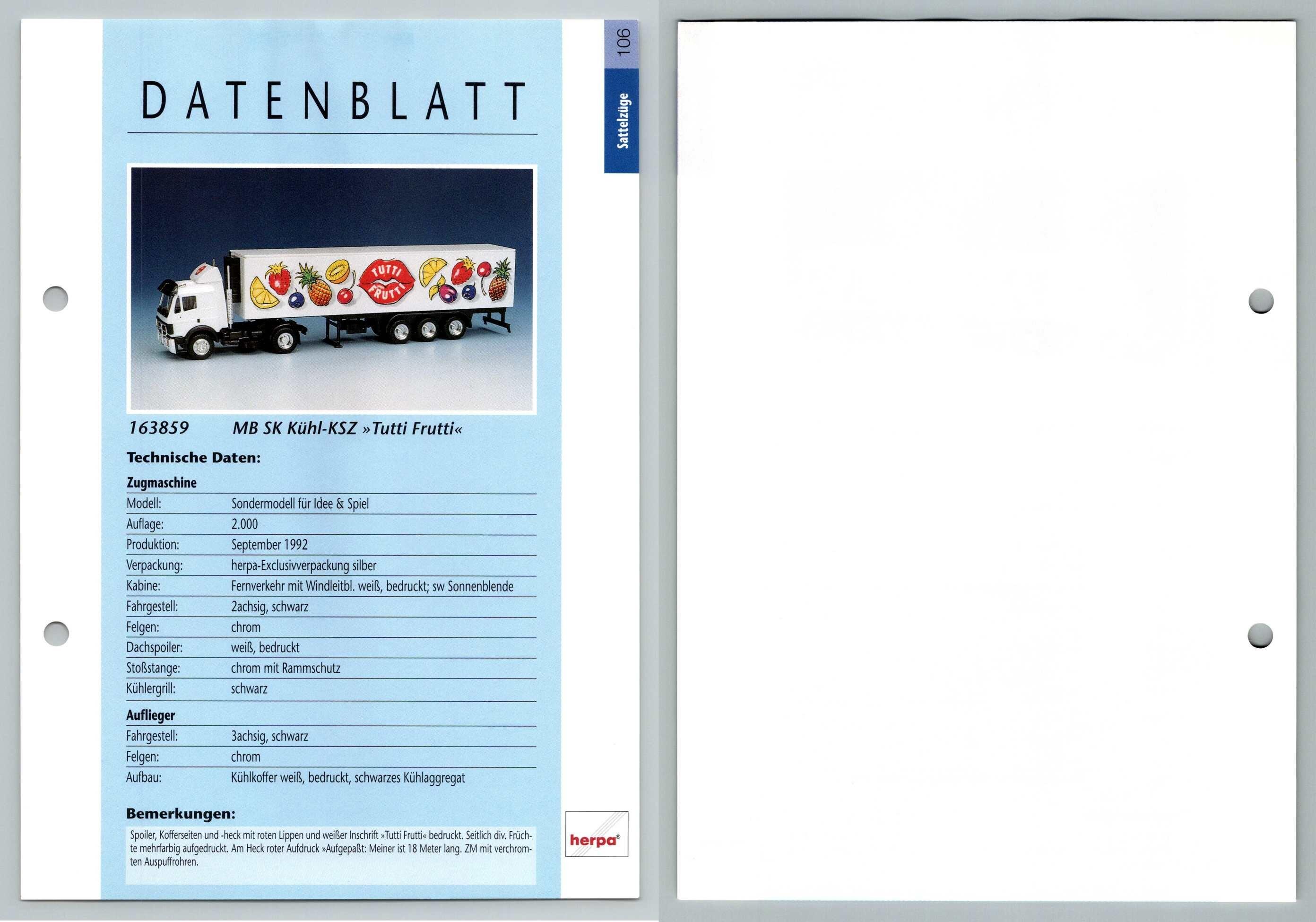 MB SK Kuhl KSZ Tutti Frutti #106 Sattelzuge - Herpa Data Sheet-Breakoutcards