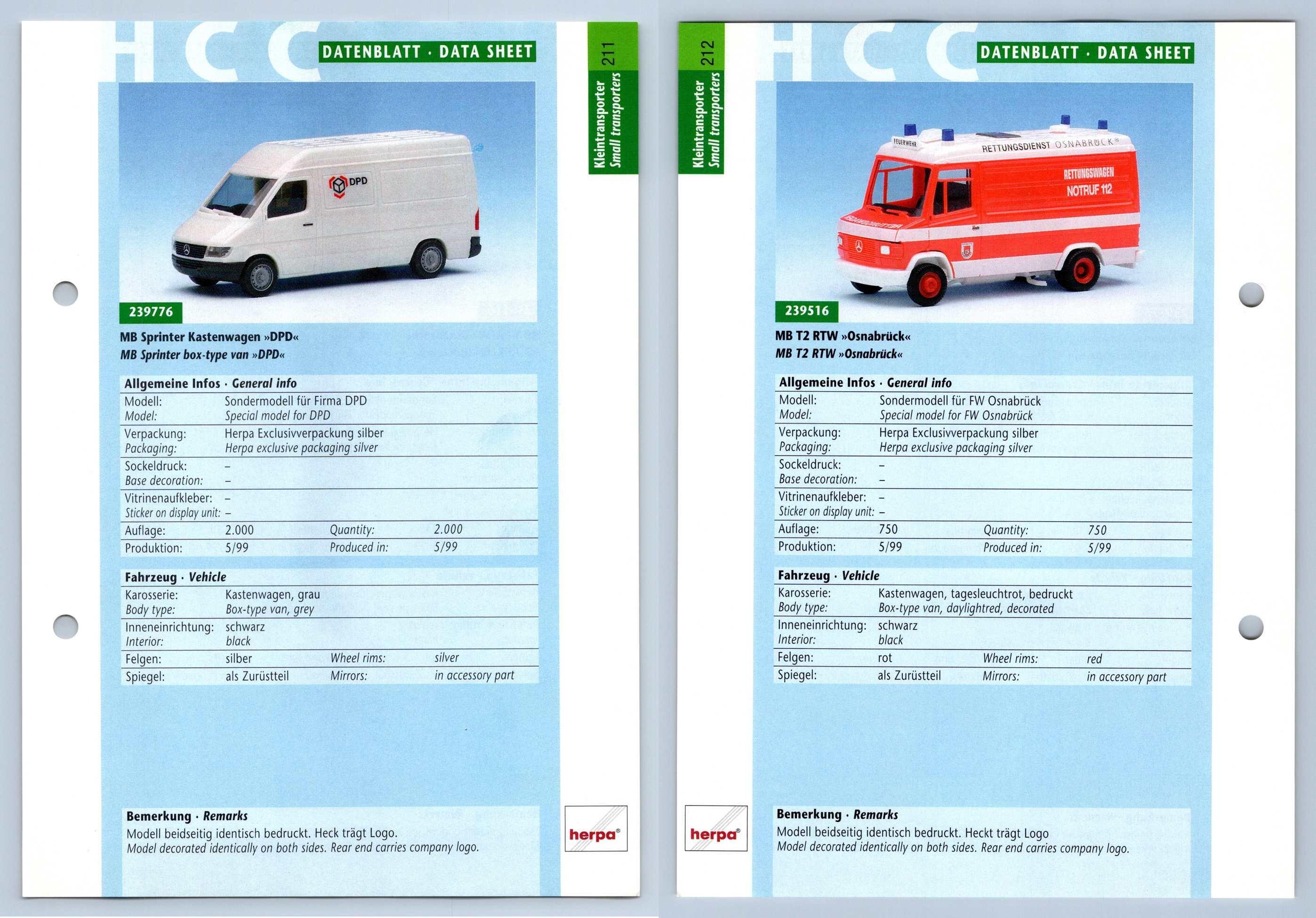 MB Sprinter Kastenwagen / T2 RTW #211/212 Kleintransporter - Herpa Data Sheet-Breakoutcards