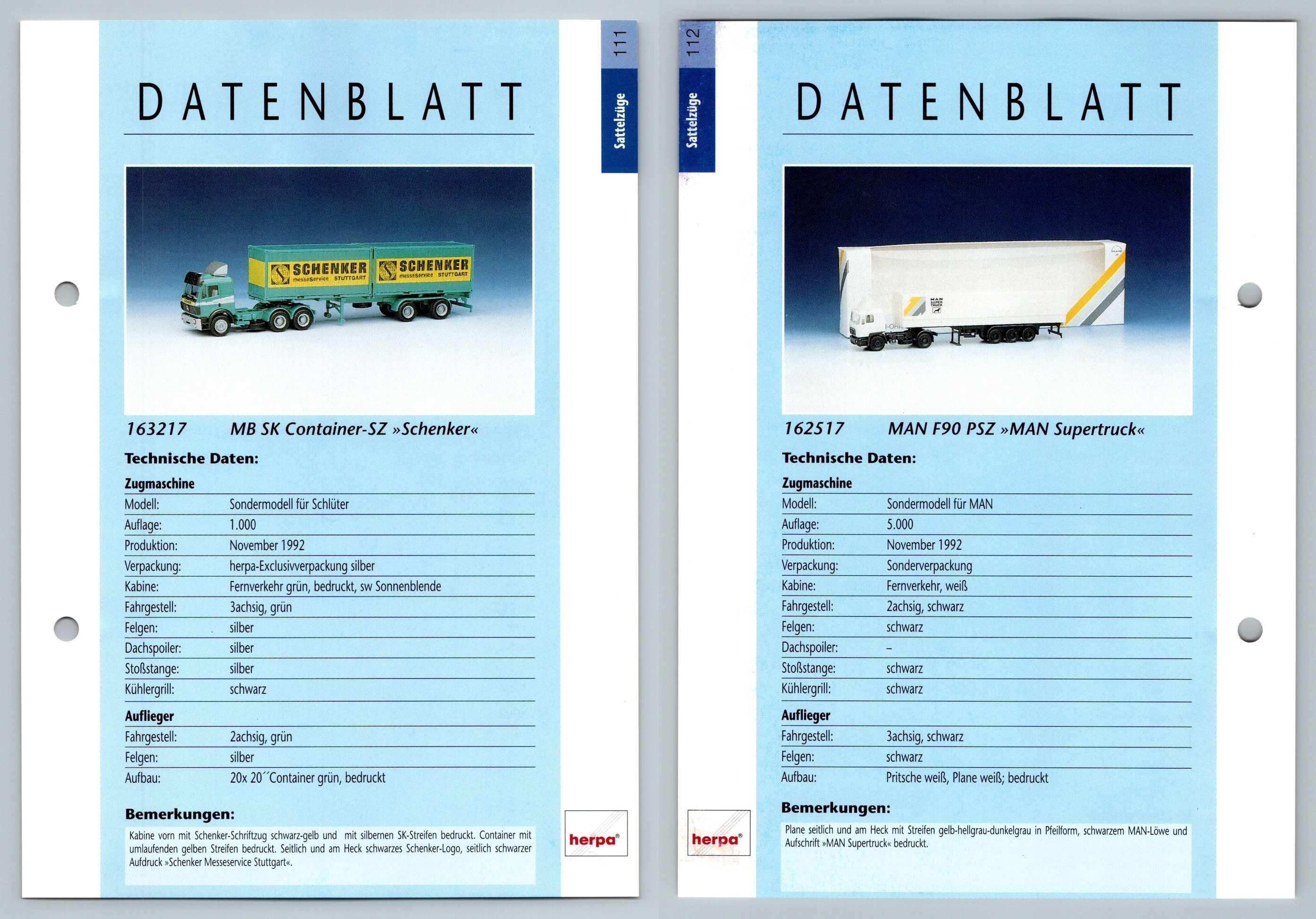 MB SK Container SZ / MAN F90 PSZ #111/112 Sattelzuge - Herpa Data Sheet-Breakoutcards