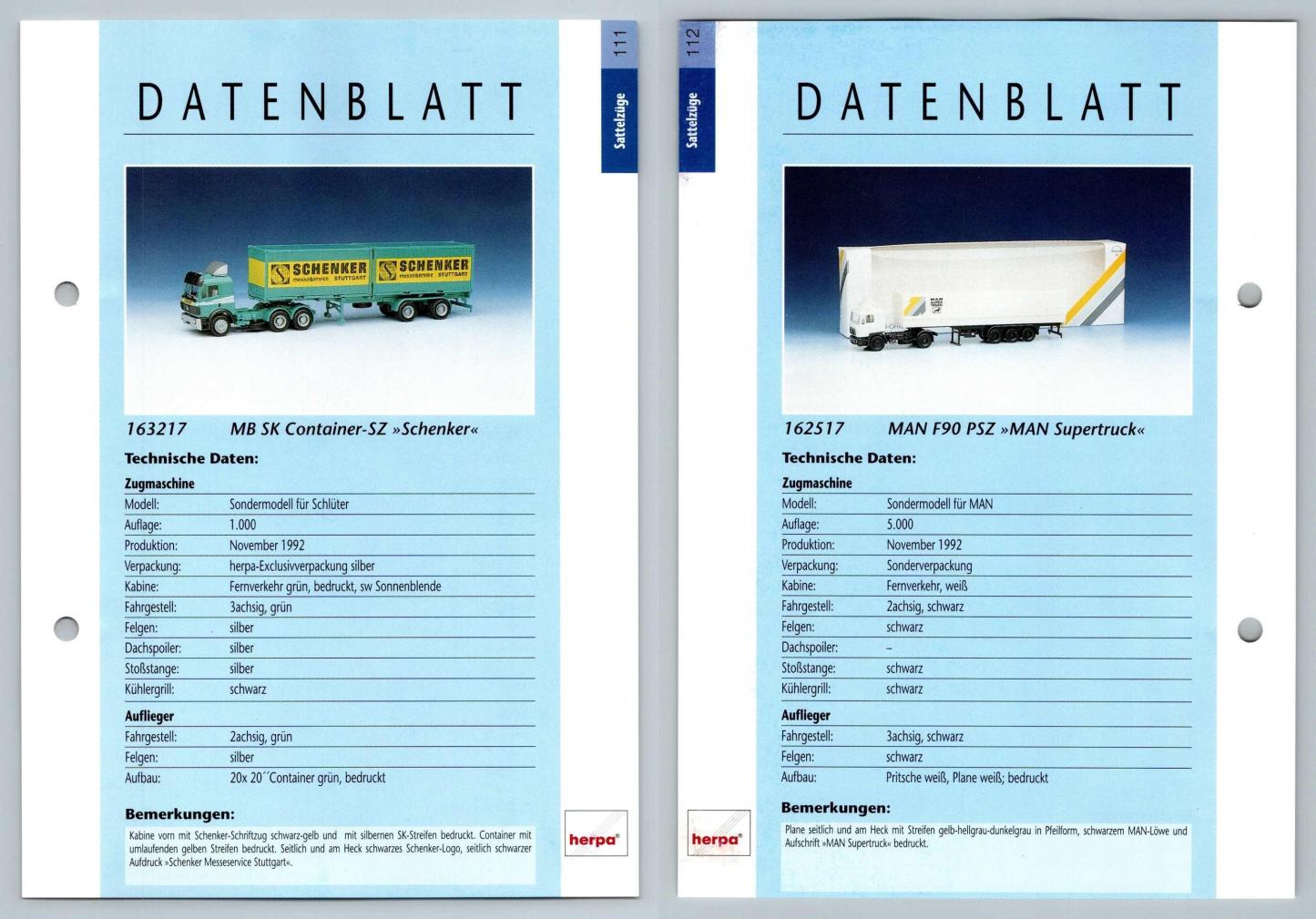 MB SK Container SZ / MAN F90 PSZ #111/112 Sattelzuge - Herpa Data Sheet-Breakoutcards