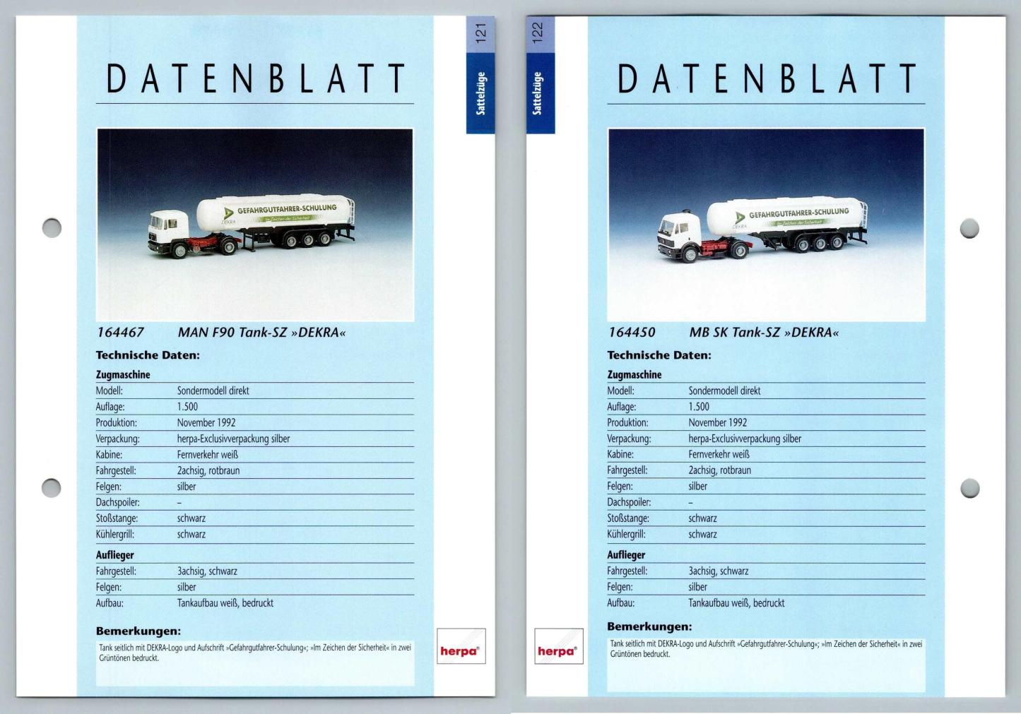 MAN F90 Tank SZ Dekra #121/122 Sattelzuge - Herpa Data Sheet-Breakoutcards