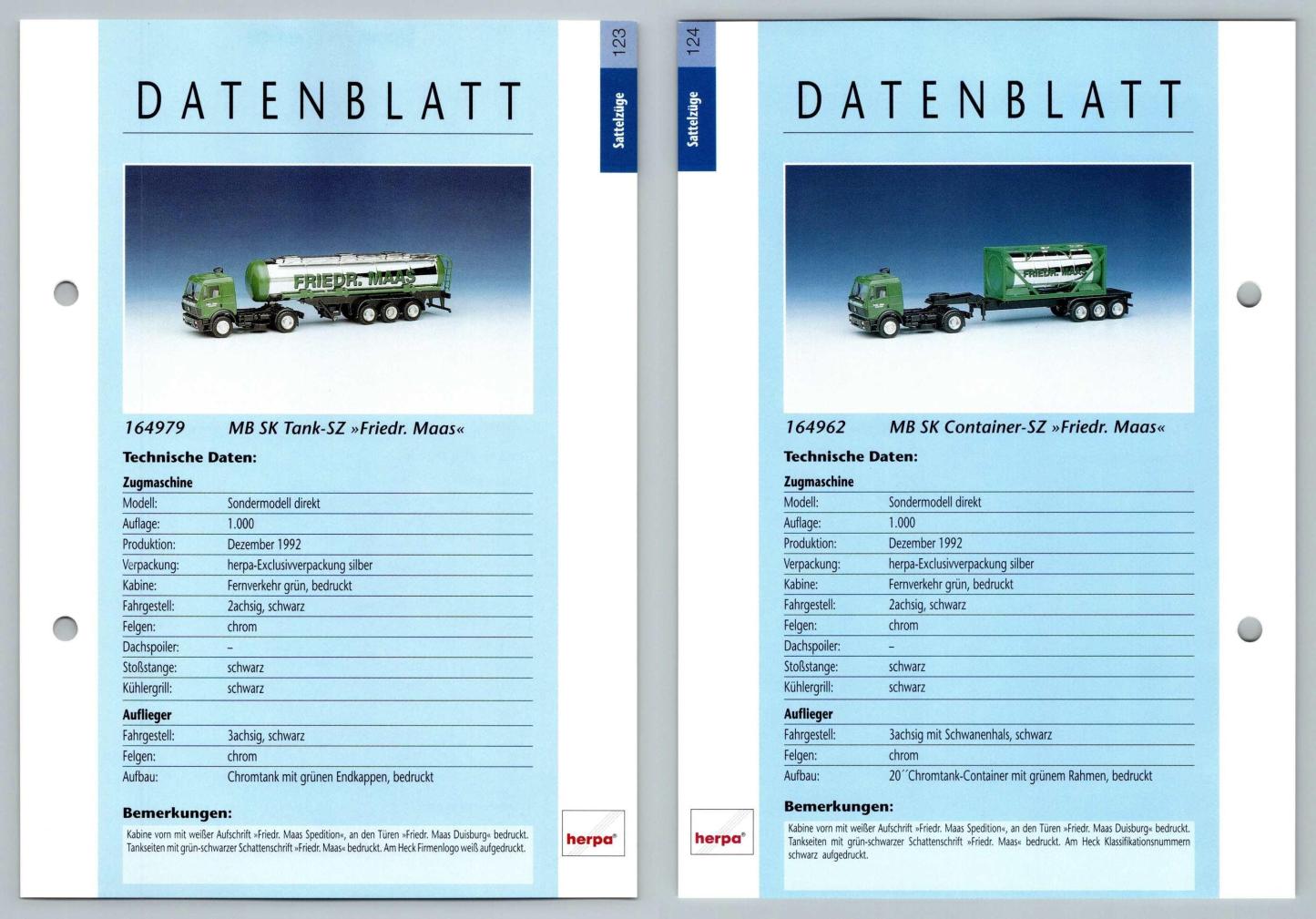 MB SK Tank SZ / MB SK Container SZ #123/124 Sattelzuge - Herpa Data Sheet-Breakoutcards