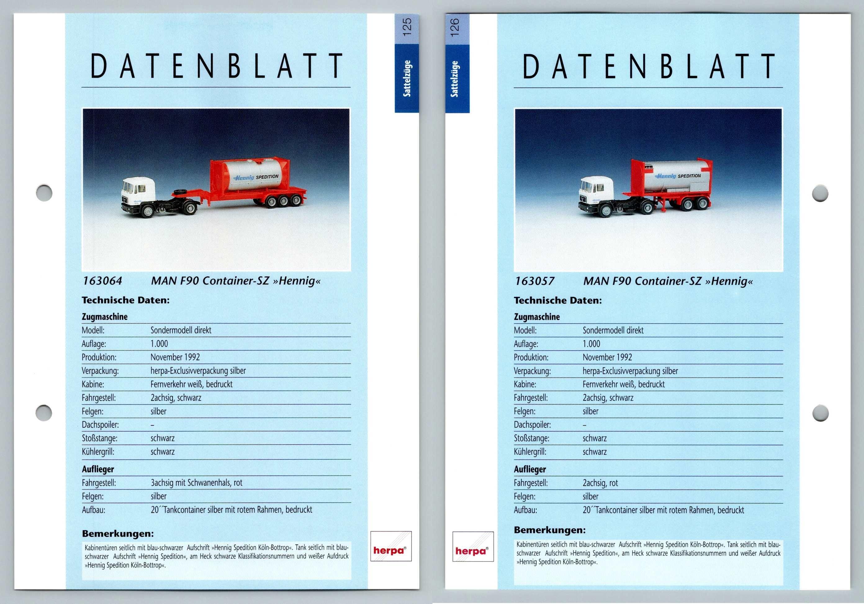 MAN F90 Container SZ Hennig #125/126  Sattelzuge - Herpa Data Sheet-Breakoutcards
