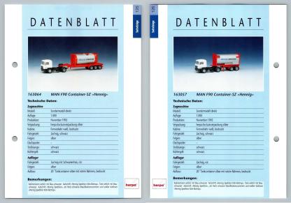 MAN F90 Container SZ Hennig #125/126  Sattelzuge - Herpa Data Sheet-Breakoutcards