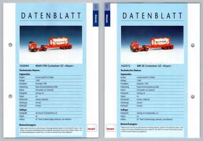 MB / MAN F90 Container SZ Hoyer 127/128  Sattelzuge - Herpa Data Sheet-Breakoutcards