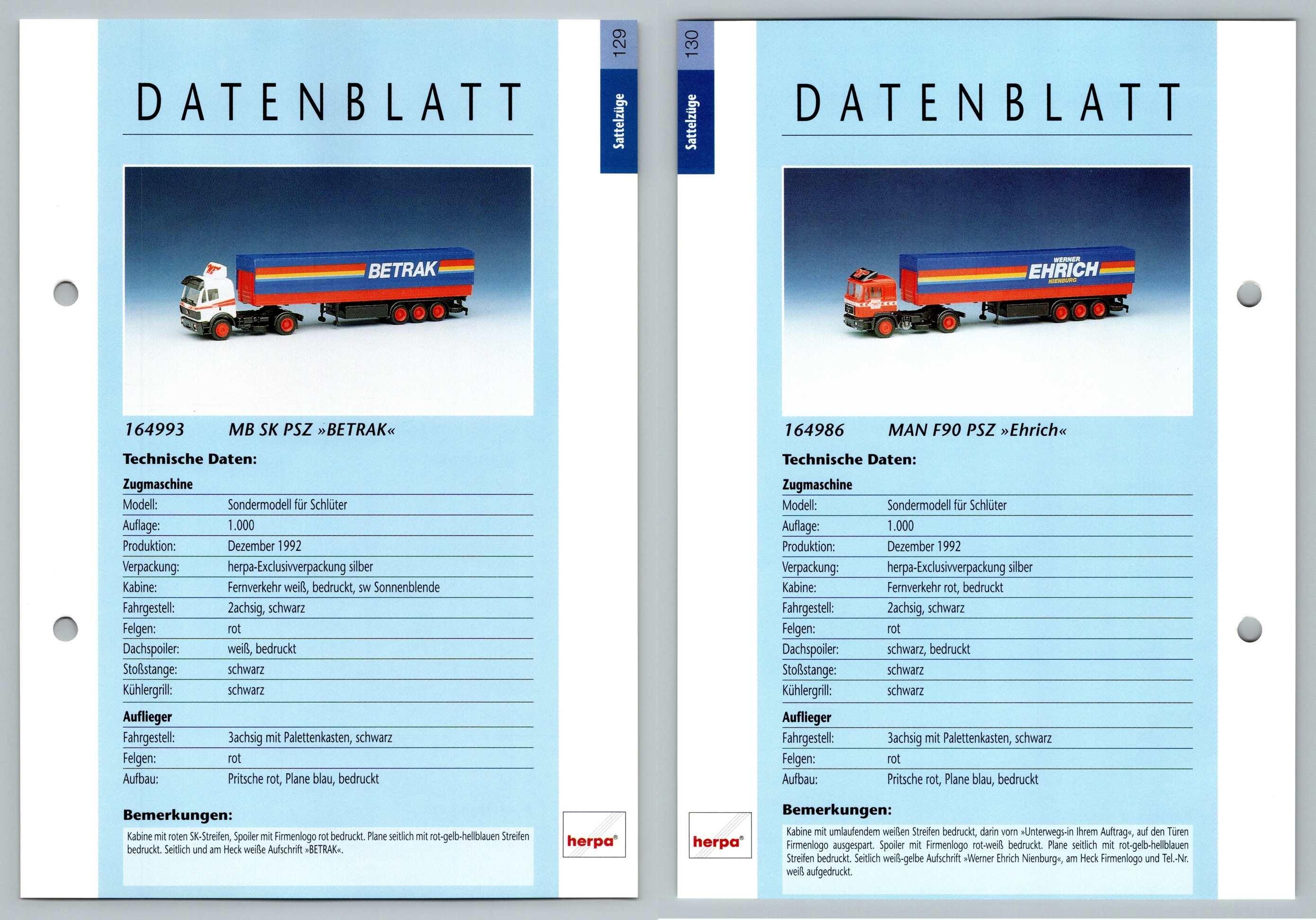 MB SK PSZ Betrak / MAN F90 PSZ #129/130  Sattelzuge - Herpa Data Sheet-Breakoutcards