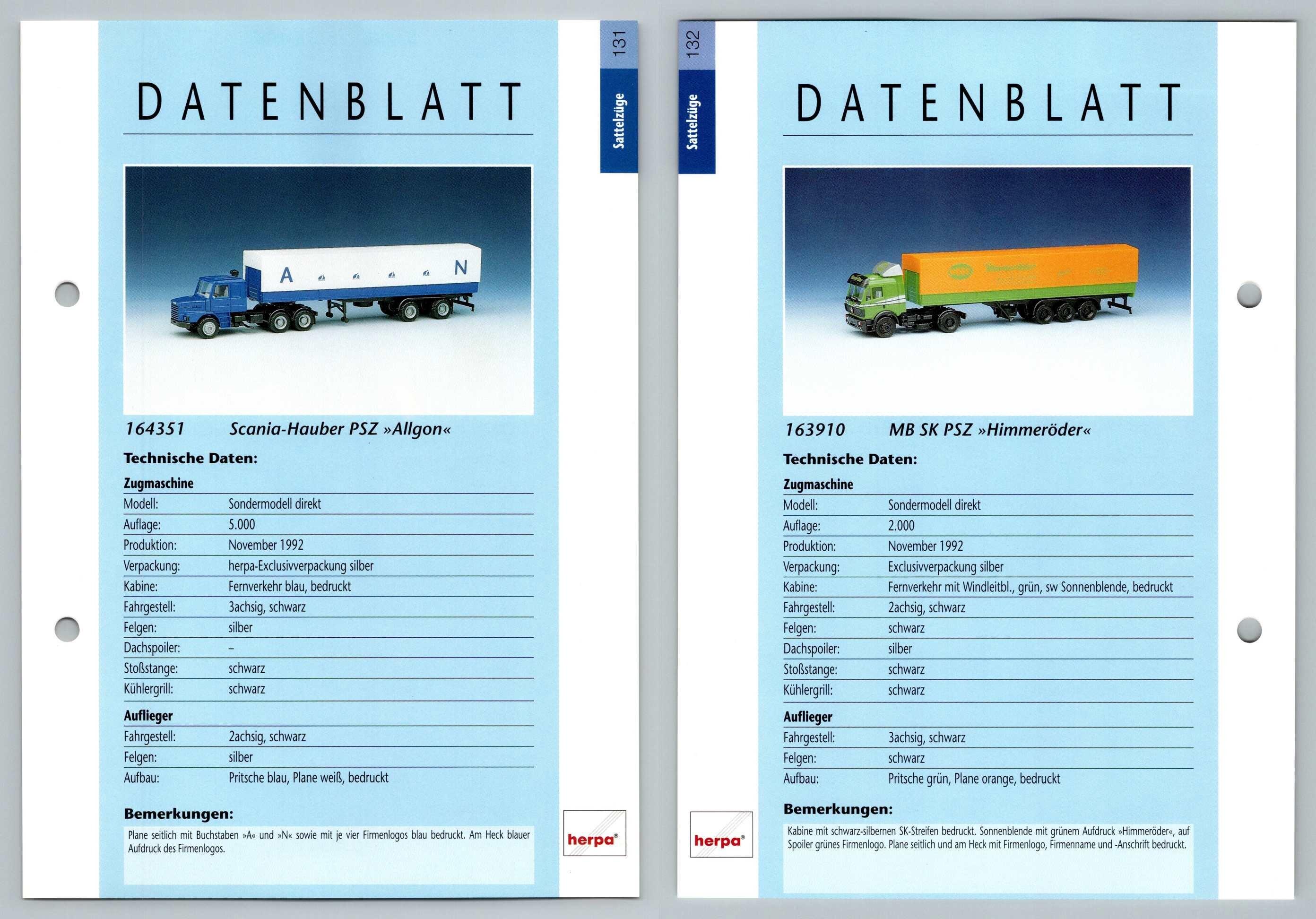 Scania Hauber PSZ / MB SK PSZ #131/132 Sattelzuge - Herpa Data Sheet-Breakoutcards