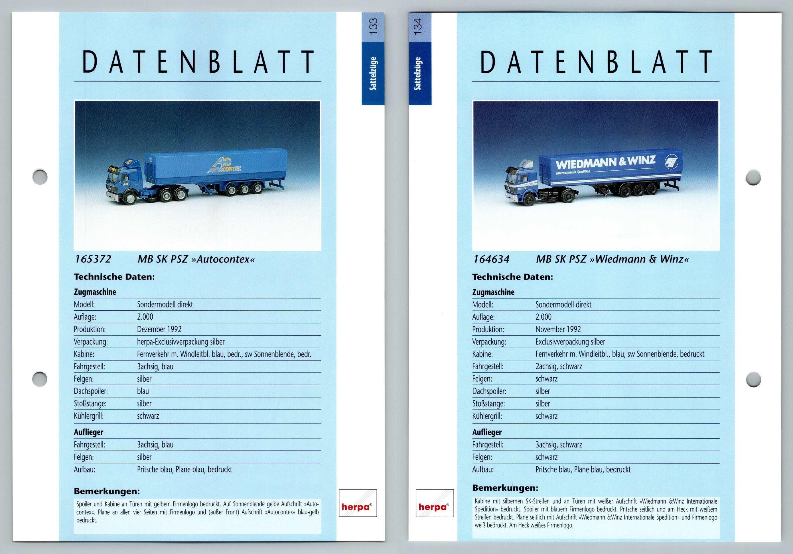 MB SK PSZ Autocontex / Wiedmann & Winz #134/5 Sattelzuge - Herpa Data Sheet-Breakoutcards