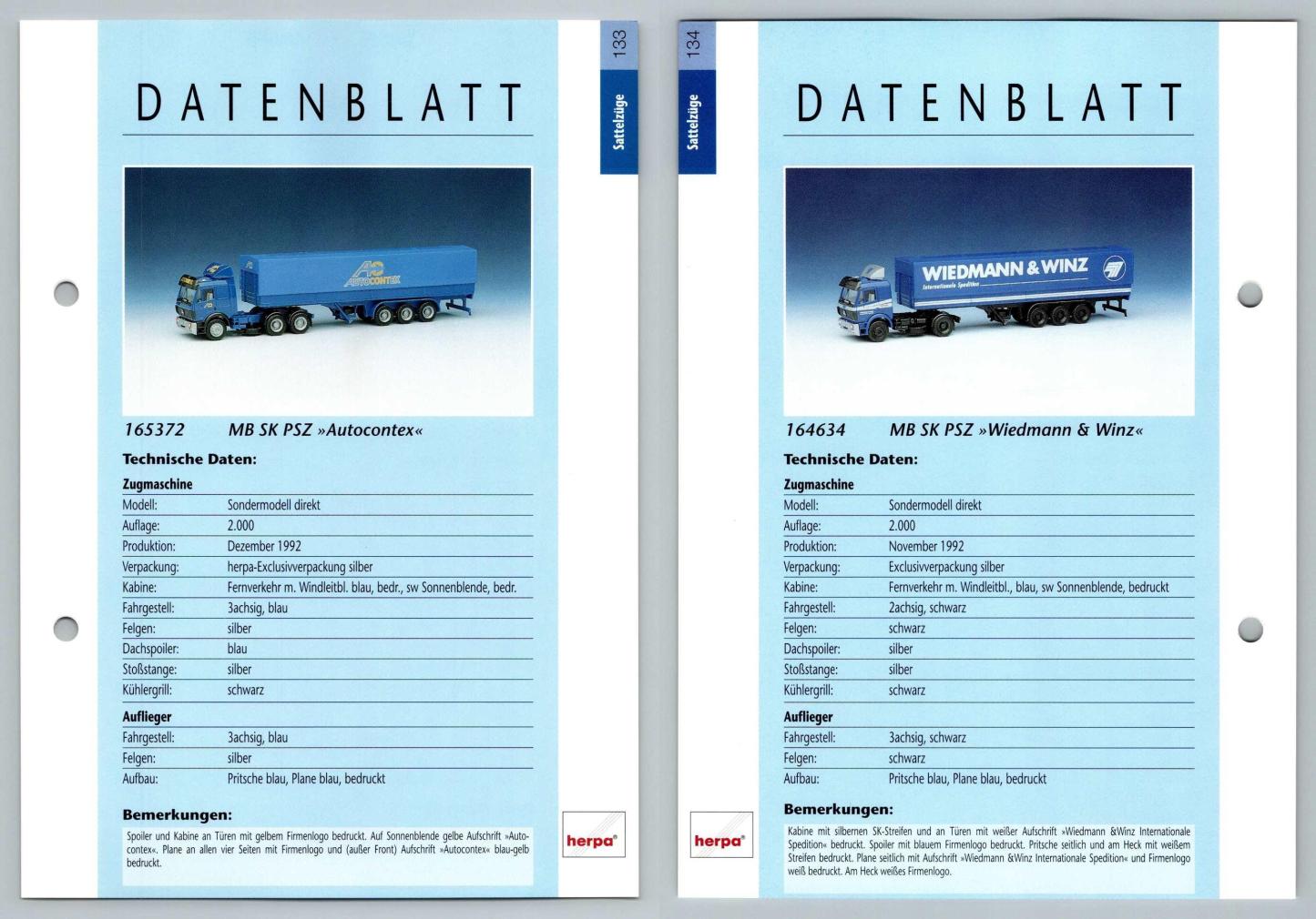 MB SK PSZ Autocontex / Wiedmann & Winz #134/5 Sattelzuge - Herpa Data Sheet-Breakoutcards
