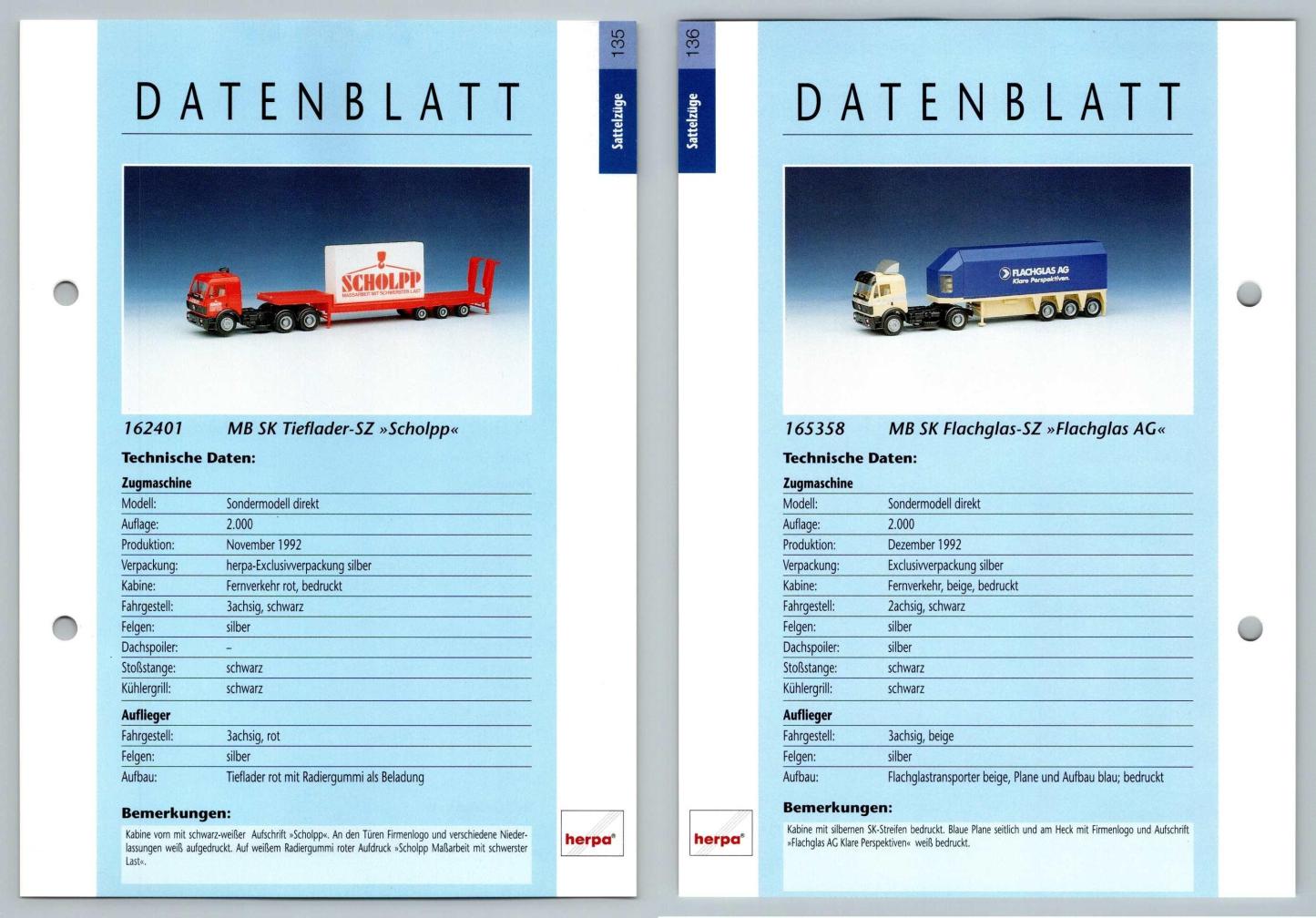 MB SK Tieflader SZ / MB SK Flachglas SZ #135/136 Sattelzuge - Herpa Data Sheet-Breakoutcards
