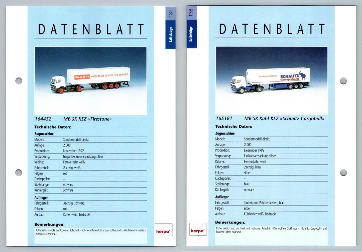 MB SK KSZ / MB SK Kuhl KSZ #137/138 Sattelzuge - Herpa Data Sheet-Breakoutcards