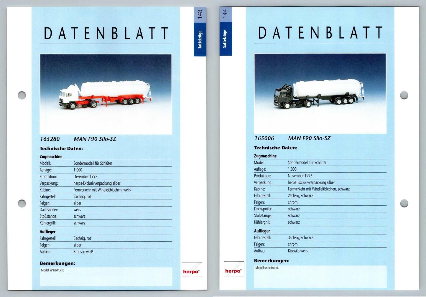 MAN F90 Silo SZ #143/144 Sattelzuge - Herpa Data Sheet-Breakoutcards