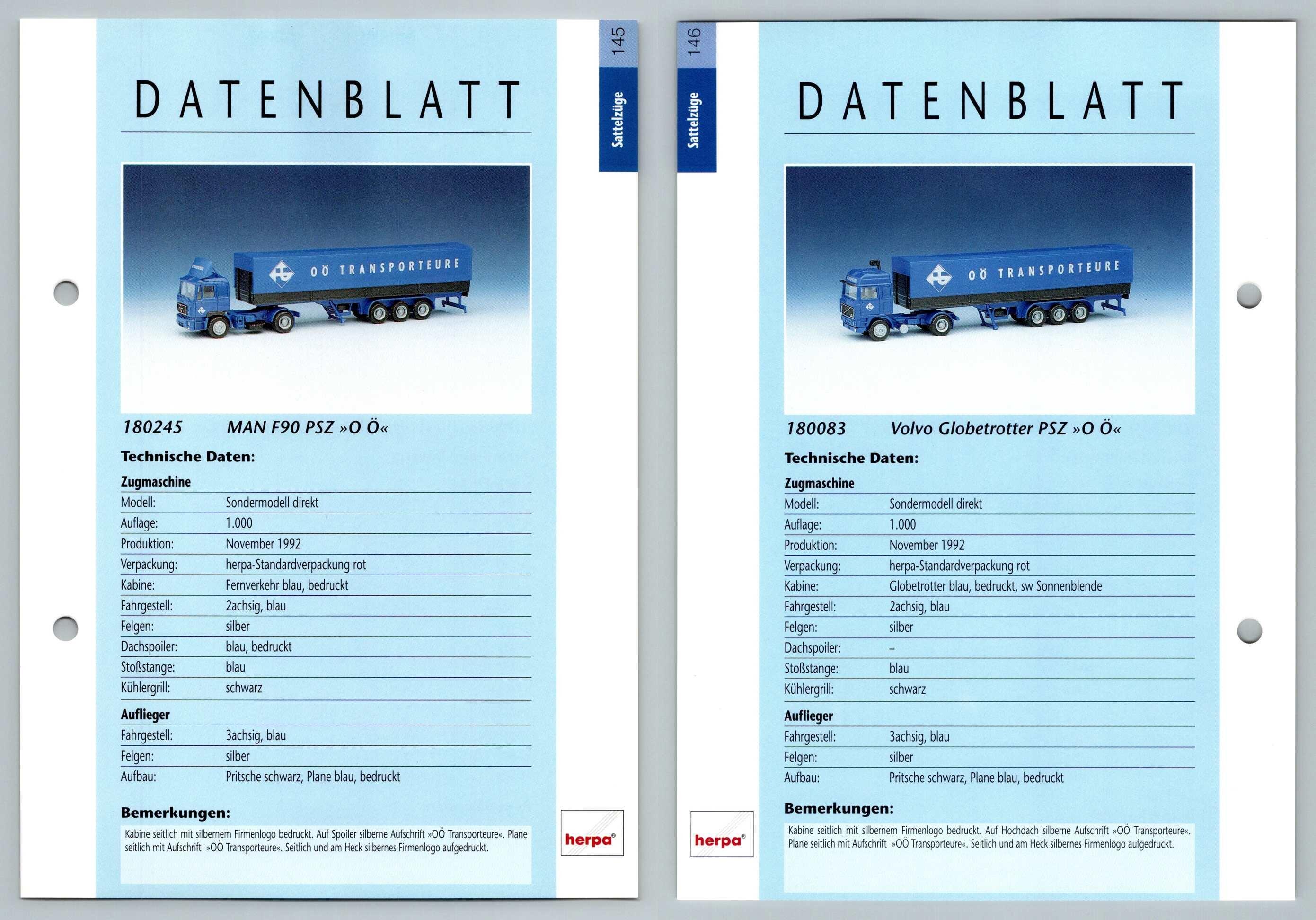 MAN F90 PSZ / Volvo Globetrotter PSZ #145/146 Sattelzuge - Herpa Data Sheet-Breakoutcards