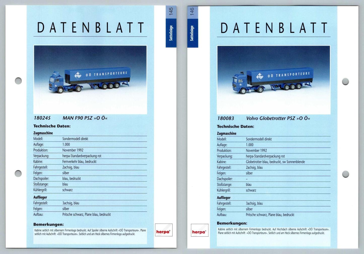 MAN F90 PSZ / Volvo Globetrotter PSZ #145/146 Sattelzuge - Herpa Data Sheet-Breakoutcards