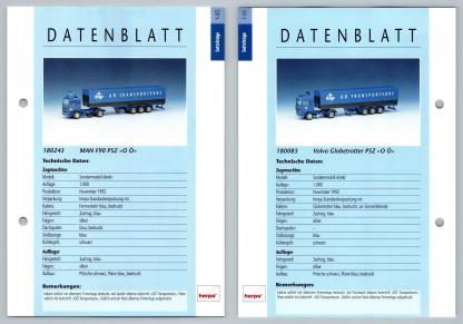 MAN F90 PSZ / Volvo Globetrotter PSZ #145/146 Sattelzuge - Herpa Data Sheet-Breakoutcards
