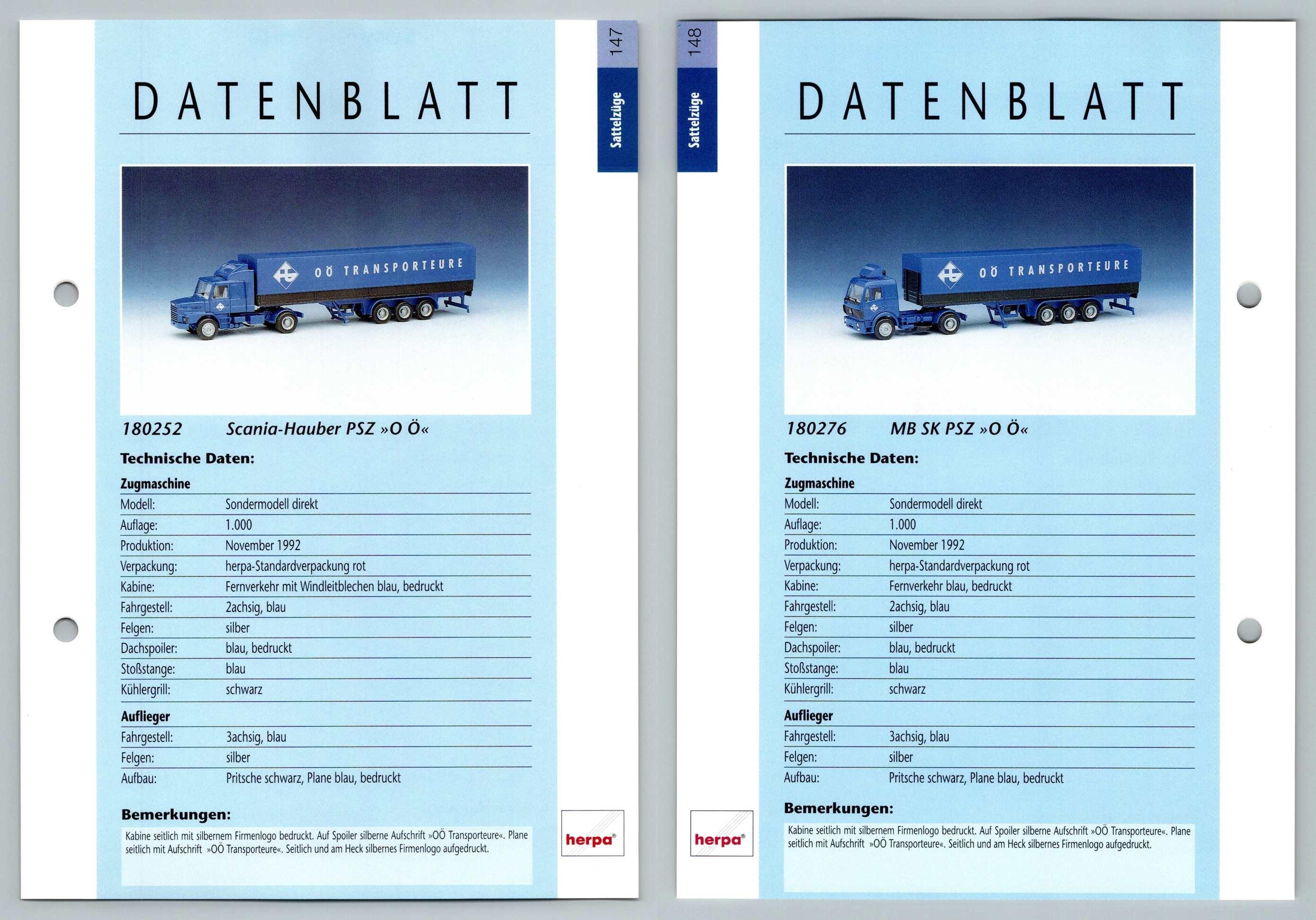 Scania Hauber PSZ / MB SK PSZ #147/148 Sattelzuge - Herpa Data Sheet-Breakoutcards