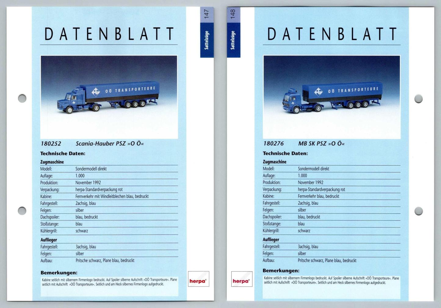 Scania Hauber PSZ / MB SK PSZ #147/148 Sattelzuge - Herpa Data Sheet-Breakoutcards