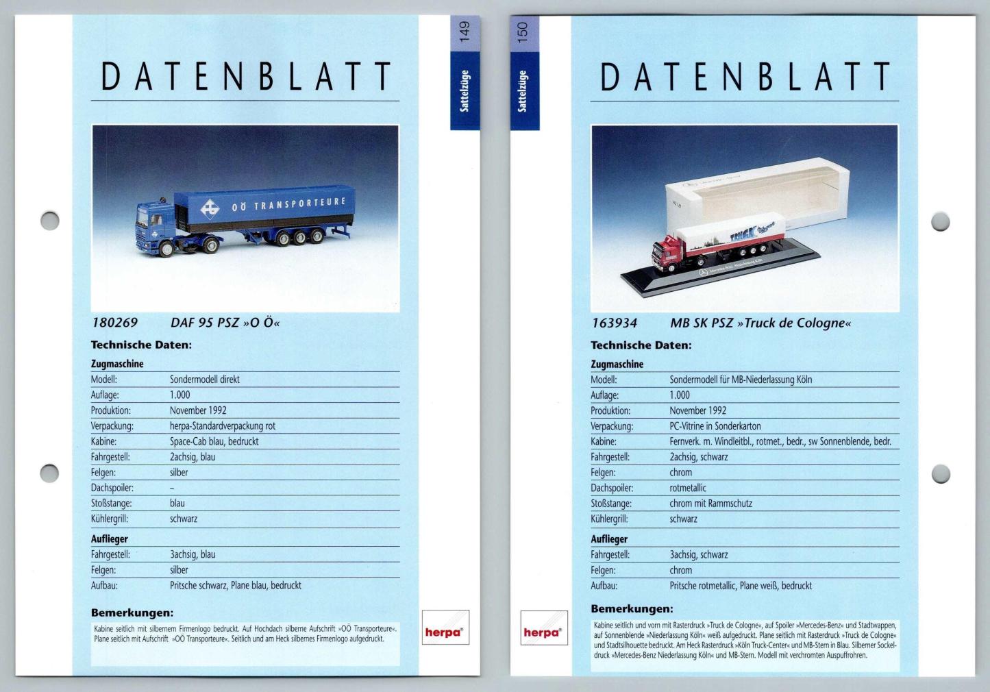 DAF 95 PSZ / MB SK PSZ #149/150 Sattelzuge - Herpa Data Sheet-Breakoutcards