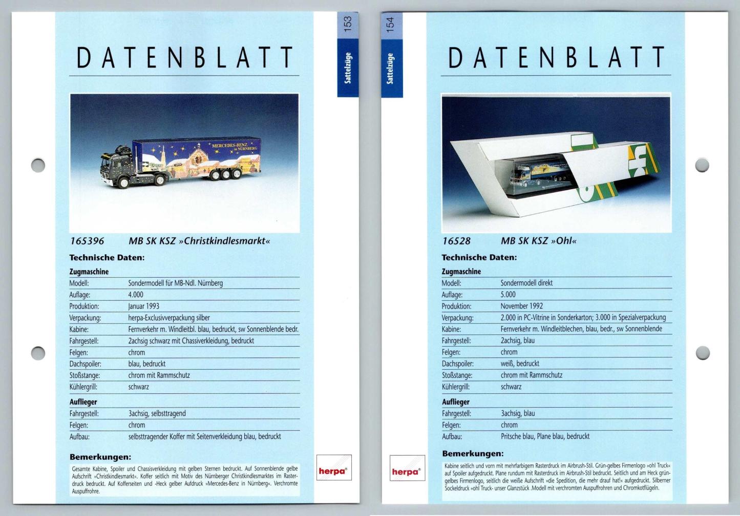 MB SK KSZ Christkindlesmarkt / Ohl #153/4 Sattelzuge - Herpa Data Sheet-Breakoutcards
