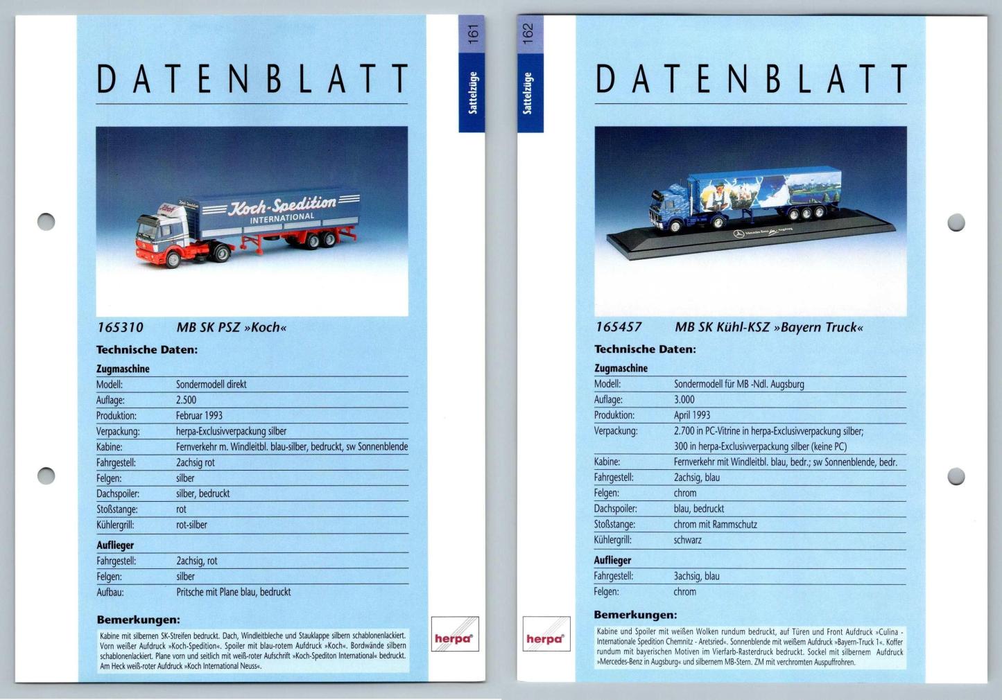 MB SK PSZ / MB SK Kuhl KSZ #161/162 Sattelzuge - Herpa Data Sheet-Breakoutcards