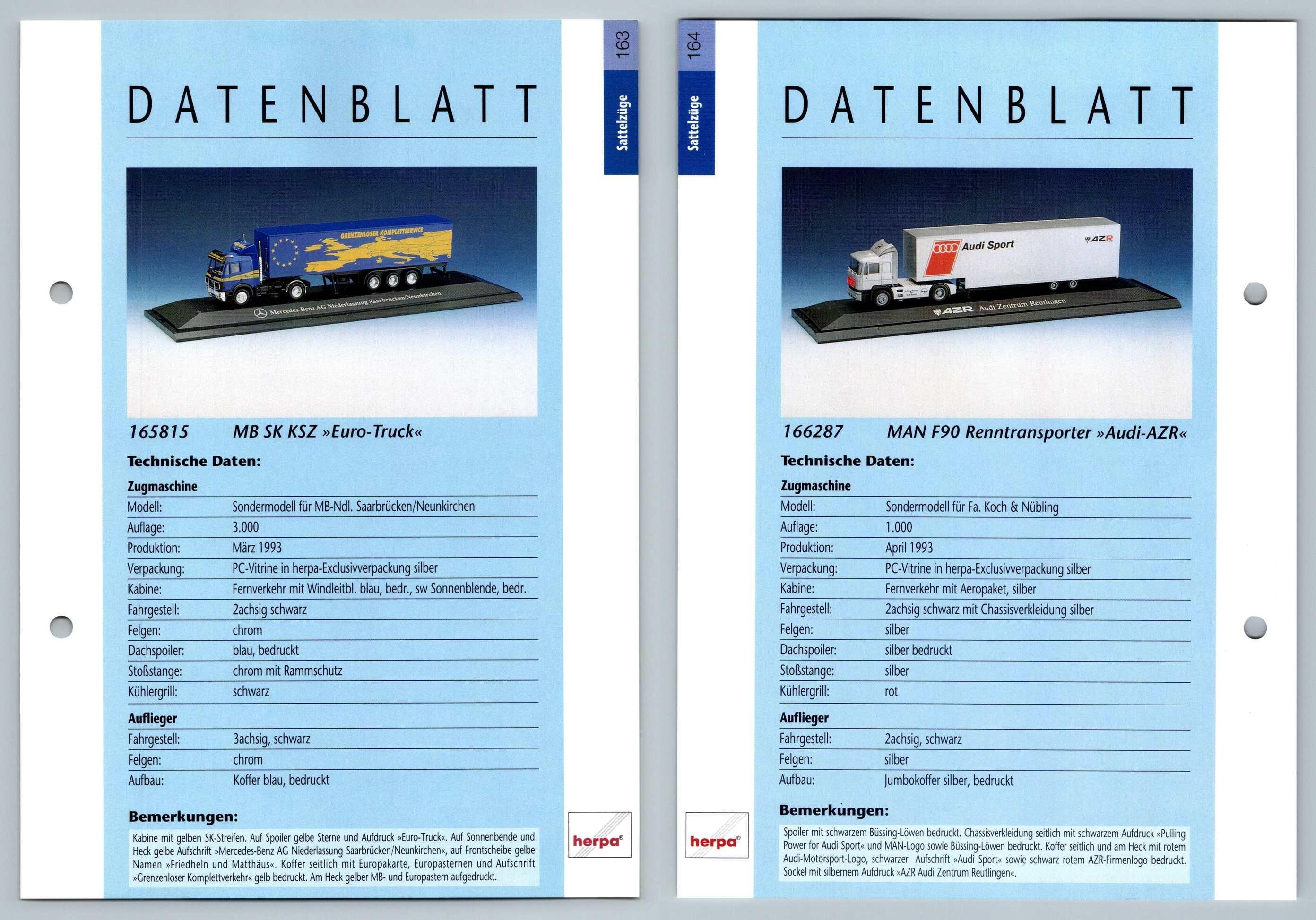 MB SK KSZ / MAN F90 Renntransporter #163/164 Sattelzuge - Herpa Data Sheet-Breakoutcards