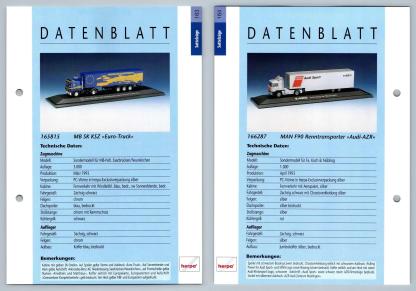 MB SK KSZ / MAN F90 Renntransporter #163/164 Sattelzuge - Herpa Data Sheet-Breakoutcards