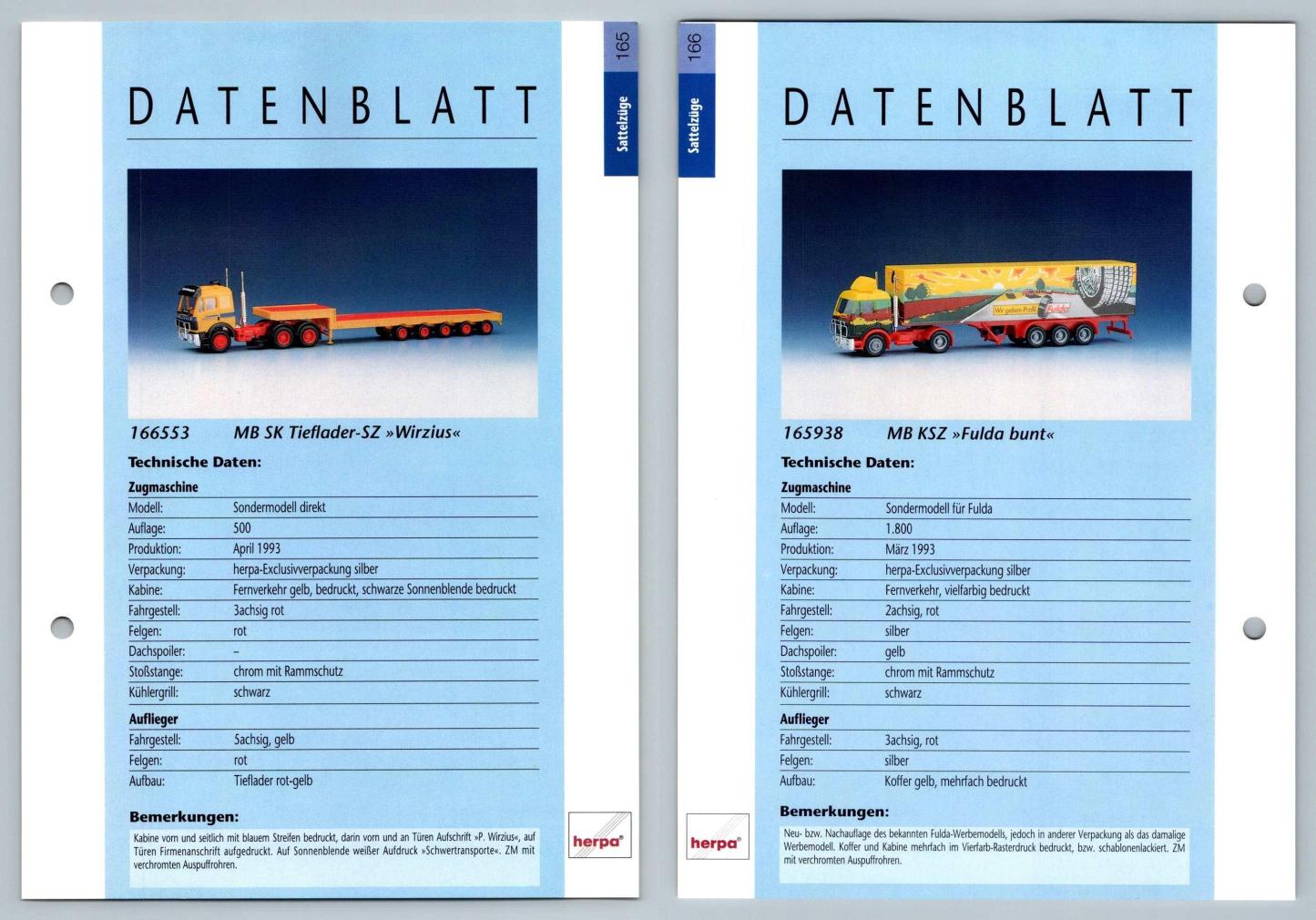 MB SK Tieflader SZ / MB KSZ #165/166 Sattelzuge - Herpa Data Sheet-Breakoutcards
