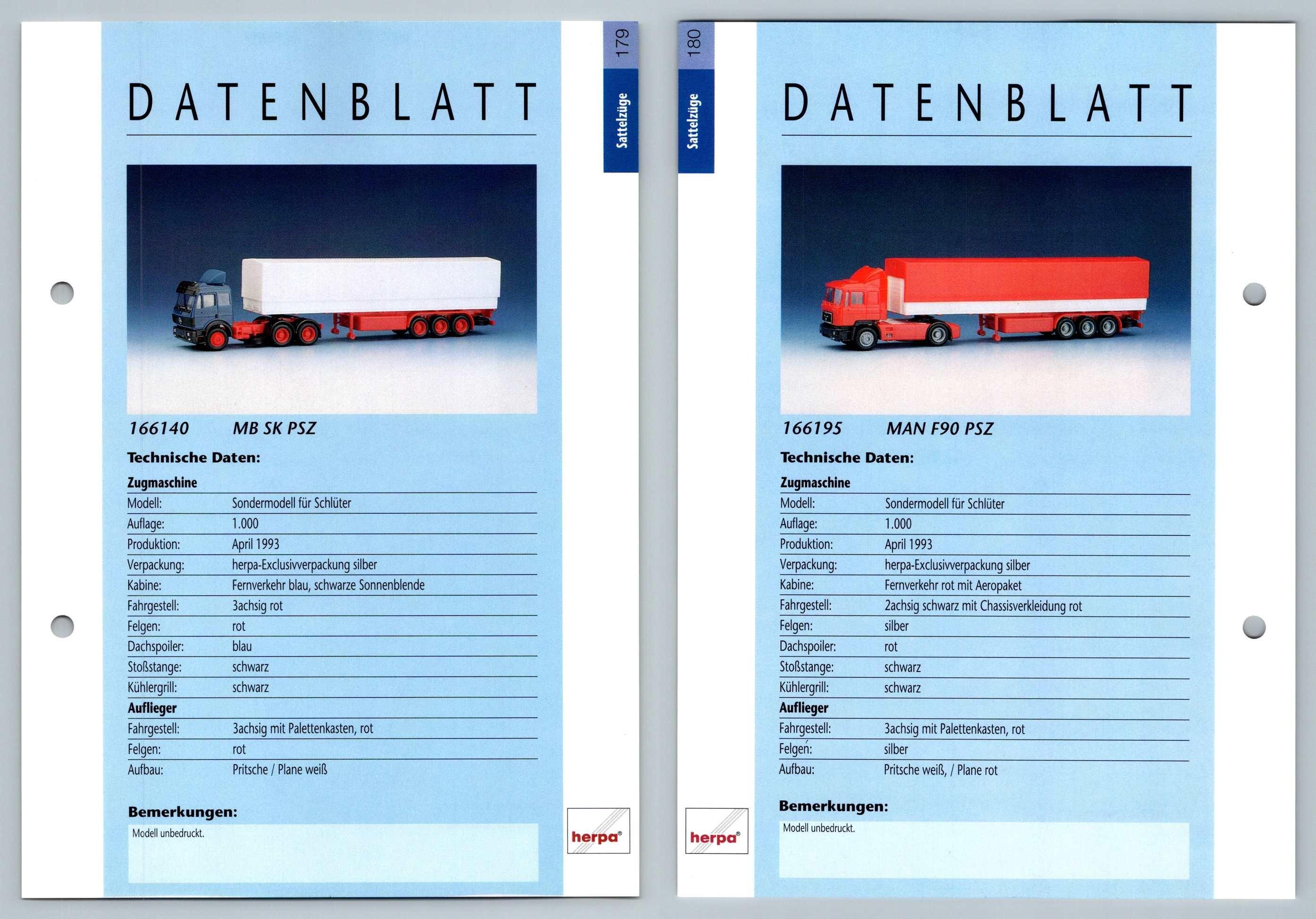 MB SK PSZ / MAN F90 PSZ #179/180 Sattelzuge - Herpa Data Sheet-Breakoutcards