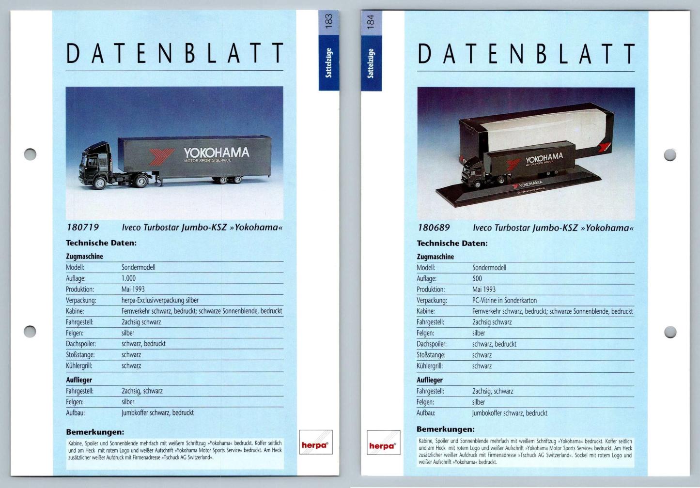 Iveco Turbostar Jumbo KSZ #183/184 Sattelzuge - Herpa Data Sheet-Breakoutcards