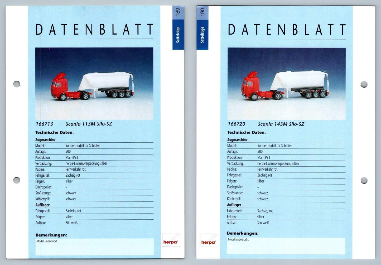 Scania 113M Silo SZ #189/190 Sattelzuge - Herpa Data Sheet-Breakoutcards