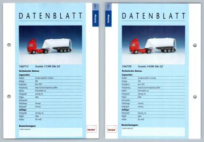 Scania 113M Silo SZ #189/190 Sattelzuge - Herpa Data Sheet-Breakoutcards