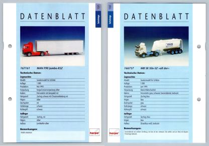 MAN F90 Jumbo KSZ / MB SK Silo SZ #191/192 Sattelzuge - Herpa Data Sheet-Breakoutcards