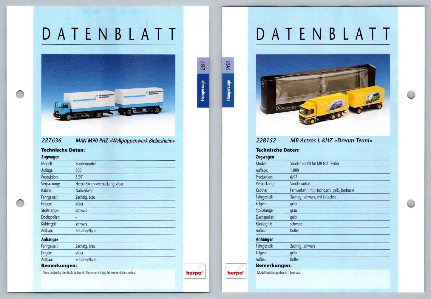 MAN M90 PHZ / MB Actros L #267/8 Hangerzuge - Herpa Data Sheet-Breakoutcards